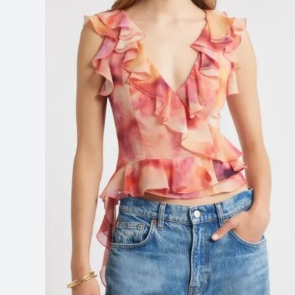 Open Edit Watercolor Ruffle Wrap Chiffon Blouse Pink Orange Floral S - Picture 1 of 8